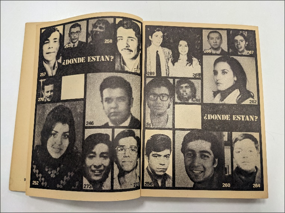 An open archival publication containing a collage of portraits and the Spanish question ‘¿Dónde están?’ — ‘Where are they?’